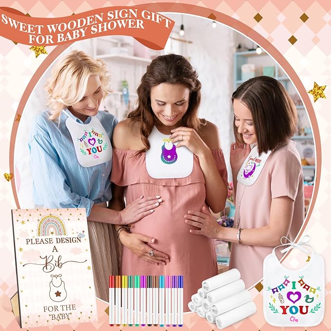 Panitay 100 Pcs DIY Baby Bibs Decorating Kit 50 White Bibs 25 Stencils 24 Markers 1 Baby Shower Game Sign