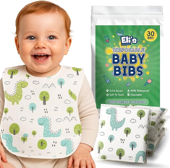 Eli with Love Disposable Bibs Individually Wrapped Bib with Crumb Catcher - Waterproof Baby Bibs For Feeding