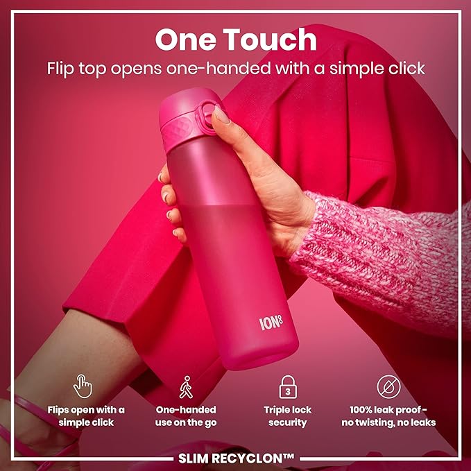 Ion8 Water Bottle, 500 ml/18 oz, Leak Proof, Easy to Open, Secure Lock, Dishwasher Safe, BPA Free, Hygienic Flip Cover, Carry Handle, Fits Cup Holders, Easy Clean, Odor Free, Carbon Neutral, Hot Pink