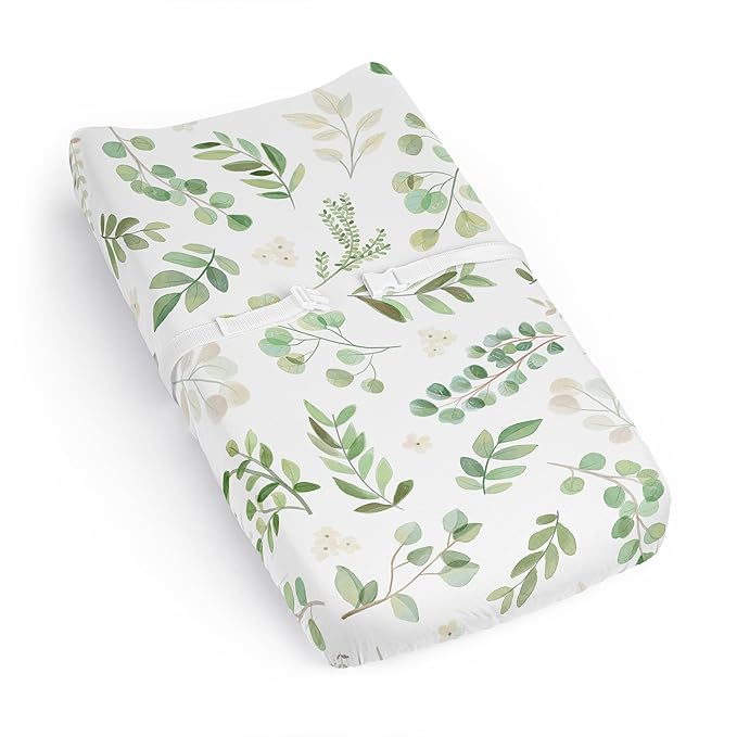 Sweet Jojo Designs Green Boho Floral Leaf Boy Girl Gender Neutral Unisex Baby Changing Pad Cover Sheet Infant Newborn Diaper Change Mat Cover Sage White Bohemian Watercolor Botanical Flower Woodland