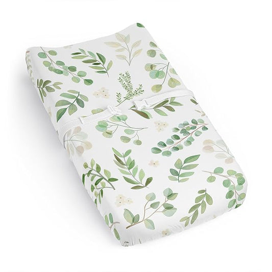 Sweet Jojo Designs Green Boho Floral Leaf Boy Girl Gender Neutral Unisex Baby Changing Pad Cover Sheet Infant Newborn Diaper Change Mat Cover Sage White Bohemian Watercolor Botanical Flower Woodland