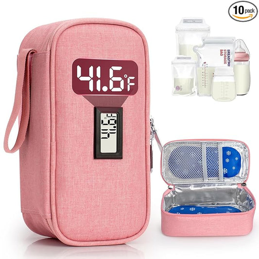 Breast Milk Cooler Travel Bag, Real-Time Temperature Display, Holds 4-6 Breastmilk Storage Bag with 2 Breast Milk Ice Pack, Cooling & Waterproof Portable Cooler for Moms on the Go(Pink)
