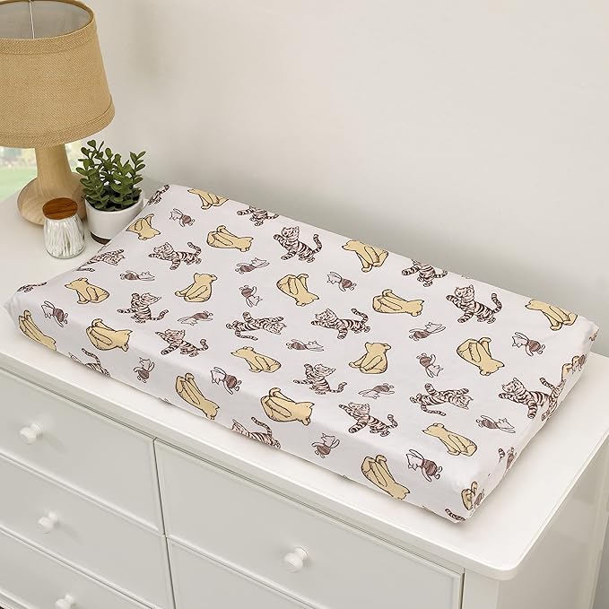 Disney Classic Pooh Hunny Fun with Piglet and Tigger White and Taupe Super Soft Changing Pad Cover