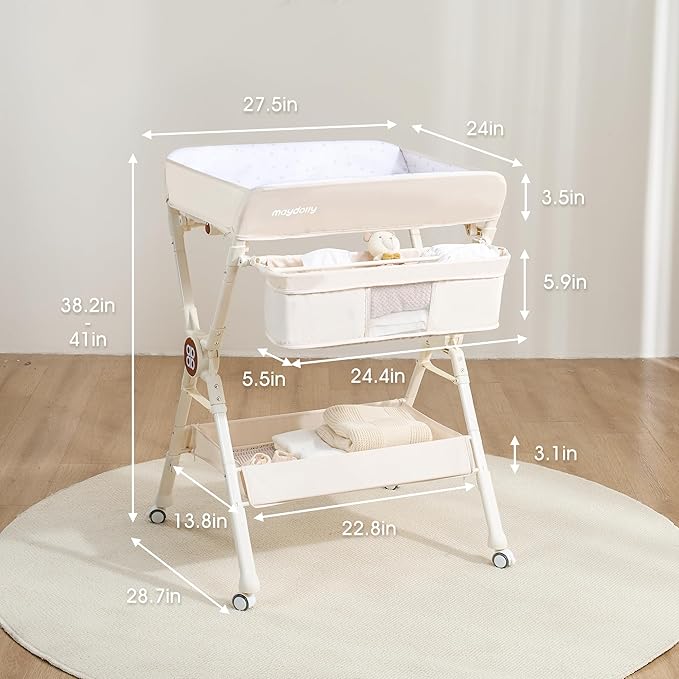 Maydolly Changing Table，Portable Diaper Changing Station, Foldable Baby Changing Table,Compact Nursery Diaper Changing Table for Baby，Adjustable Height，Mobile on Wheels (Beige)