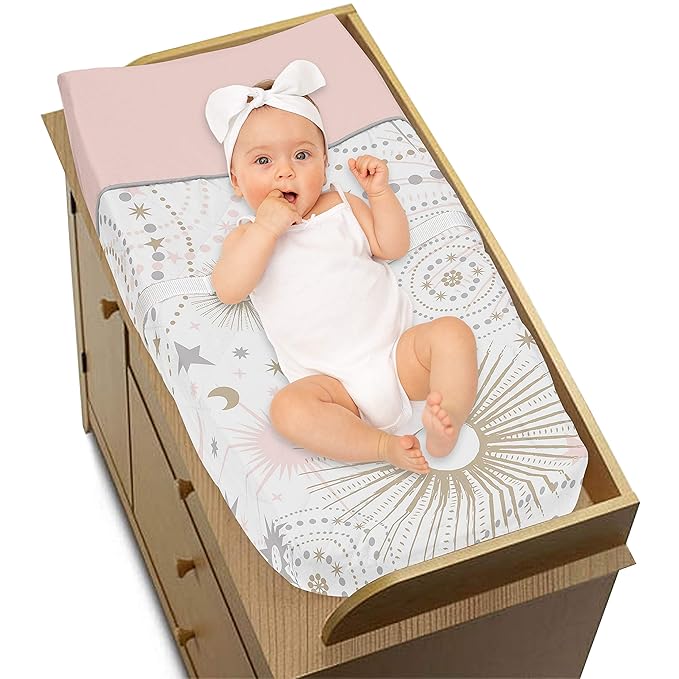 Sweet Jojo Designs Star and Moon Girl Baby Changing Pad Cover – Infant Newborn Diaper Table Change Mat Sheet - Blush Pink Gold and Grey Celestial Sky Stars Shabby Chic