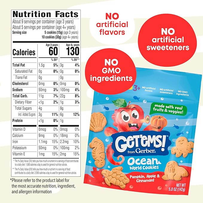 Get'ems! from Gerber Pumpkin, Apple & Cinnamon Ocean World Cookies, Kids Snack Made with Real Veggies & Fruits, Iron & Vitamin E, No Artificial Flavors, No GMO Ingredients