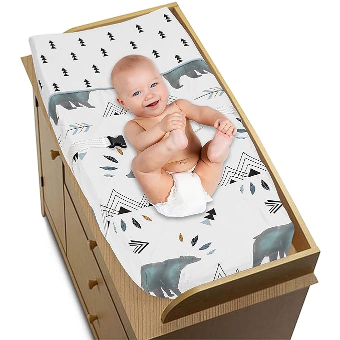 Sweet Jojo Designs Bear Mountain Boy Baby Changing Pad Cover – Infant Newborn Diaper Table Change Mat Sheet - Slate Blue Black and White Woodland Forest Mountains Arrows