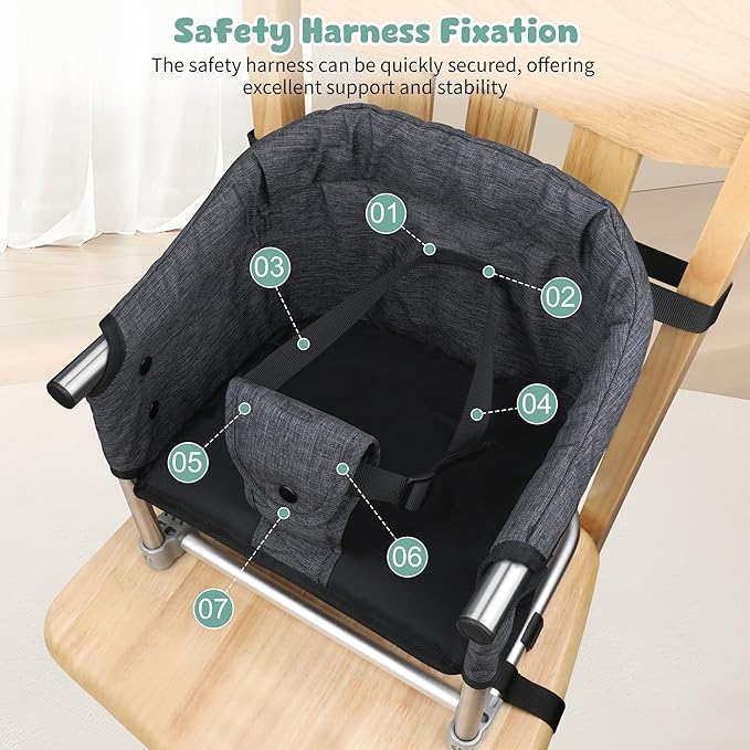 Booster Seat for Dining Table, 3-in-1 Portable Toddler Booster Chair with Safety Buckle, Height Adjustable & Foldable Baby Feeding Seat, Travel High Chair with Washable Cover & Storage Pocket - Black
