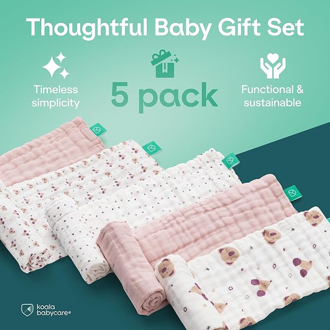 Koala Babycare 5 Pack 20"x10" Organic Burp Cloths for Baby Boys and Girls - GOTS & OEKO-TEX Cotton Burp Rags for Newborns - Absorbent Neutral Burping Cloths for Feeding - Washable Baby Bibs Essentials