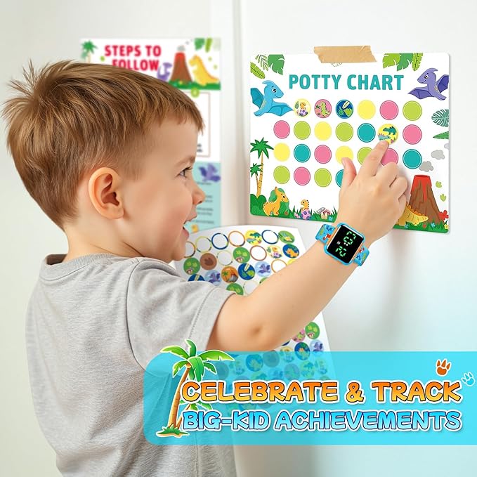 Potty Training Watch & Chart for Kids: Water Resistant Potty Watches Dinosaur Potty Training Chart for Toddler Boys Adjustable Volume Toilet Reminder with Reward Stickers Gifts for Boy (Blue)