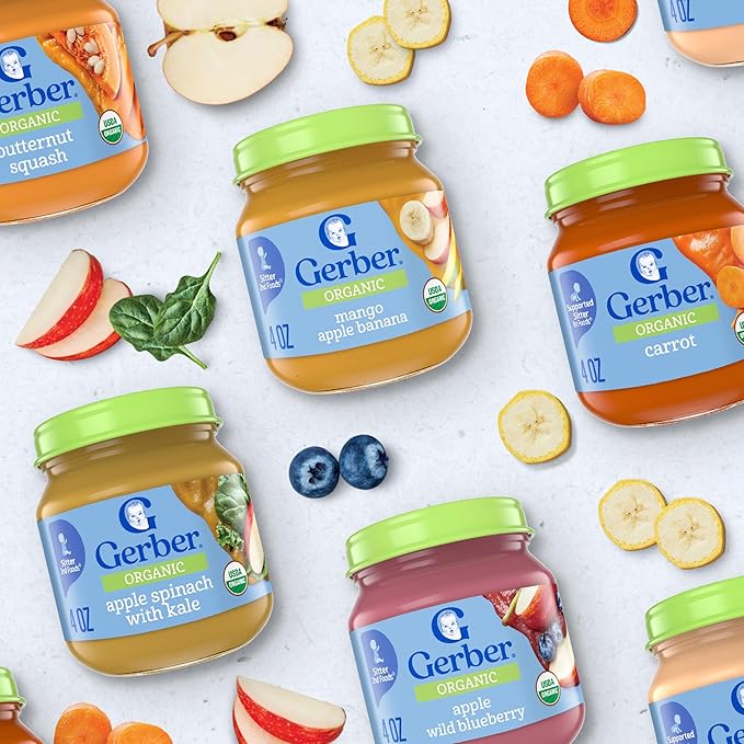 Gerber Stage 2 Baby Food, Organic Apple Spinach with Kale Jar, Fruit & Veggie Puree, Vitamin C, Non-GMO, Baby Food Puree Jars Glass, 10-pack