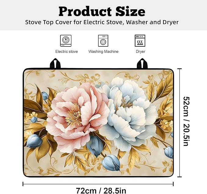 Multi-Design Stove Top Cover for Glass/Electric Stoves - 3-in-1 Heat-Resistant Protector Mat, Non-Slip Drying Rack 28"x20" (Pink-White Peony)