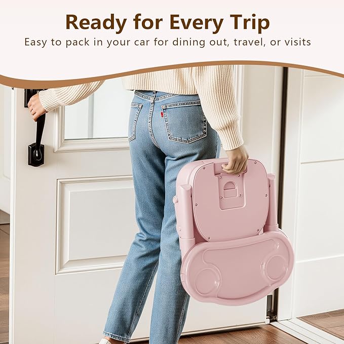 Booster Seat for Kitchen Chair, 3-in-1 Foldable & Portable Booster Seat with Tray, Extra Dishwasher-Safe Tray, Safety Straps for 6–18M (Up to 30 lbs), for Dining Table, Travel & Camping, Pink