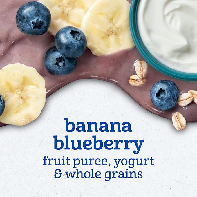 Gerber Toddler Food, Baby Food Pouches for Toddlers, Banana Blueberry, Fruit Puree, Yogurt & Whole Grains, Iron & Choline Helps Support Brain Development, No Artificial Flavors 3.5oz each (Pack of 12)