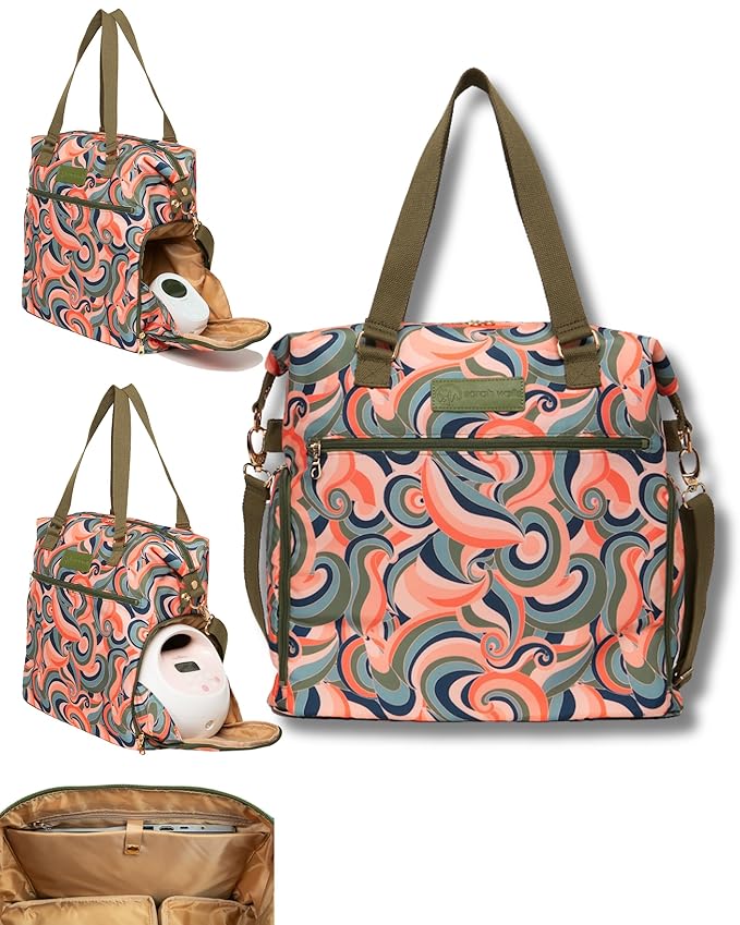 Sarah Wells Lizzy Breast Pump Bag – Stylish Pump Tote with Insulated Cooler Pocket, Laptop Sleeve – Fits Portable Pumps & More – Easy-Clean, Lightweight Breastfeeding Bag (Groovy)