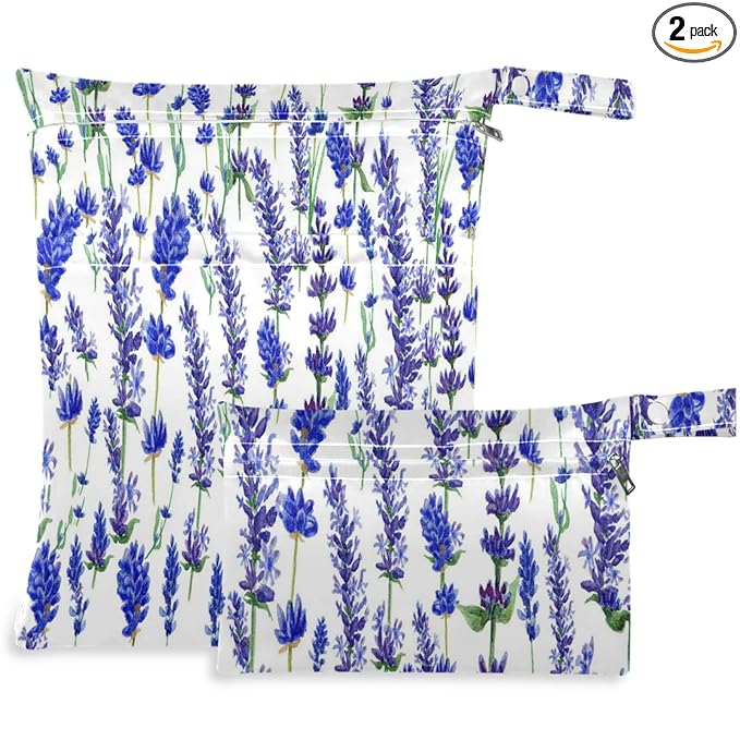 visesunny Purple Lavender Flower 2Pcs Wet Bag with Zippered Pockets Washable Reusable Roomy for Travel,Beach,Pool,Daycare,Stroller,Diapers,Dirty Gym Clothes, Wet Swimsuits, Toiletries