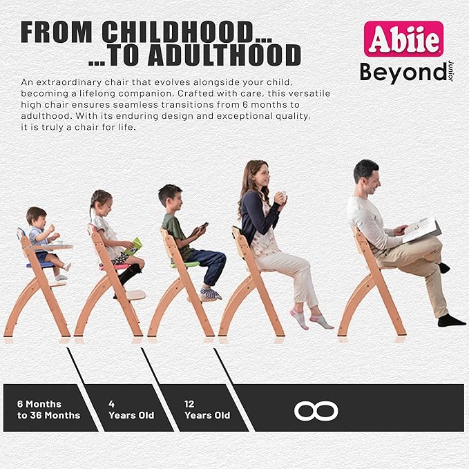 Abiie Beyond Junior Wooden High Chair for Babies and Toddlers - Convertible 3-in-1 Baby Highchair with Removable Tray - 6 Months to 250 Lb - Water Resistant - Natural Wood with Blueberry Cushion