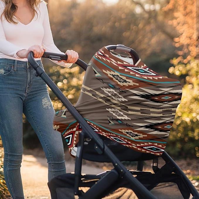 Breathable Nursing Cover Up and Car Seat Cover for Babies Geometry Aztec Breastfeeding Cover for Baby Boy & Girl Stretchy Infant Carseat Canopy Carrier Cover