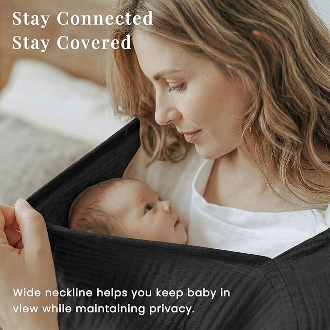 Konssy Muslin Nursing Cover for Breastfeeding, 360° Full Privacy Breathable 100% Cotton Breastfeeding Cover, Multi-use Carseat Canopy(Black)