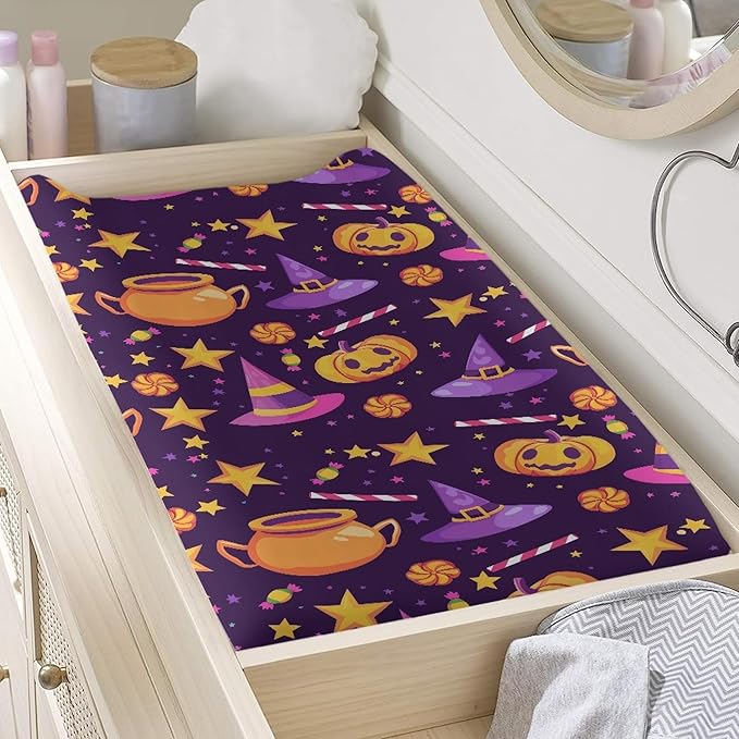 Pumpkin Wizard Hat Baby Changing Pad Cover Halloween Infant Changing Table Cover Girls Boys Diaper Table Change Mat Sheet Cover Soft Breathable