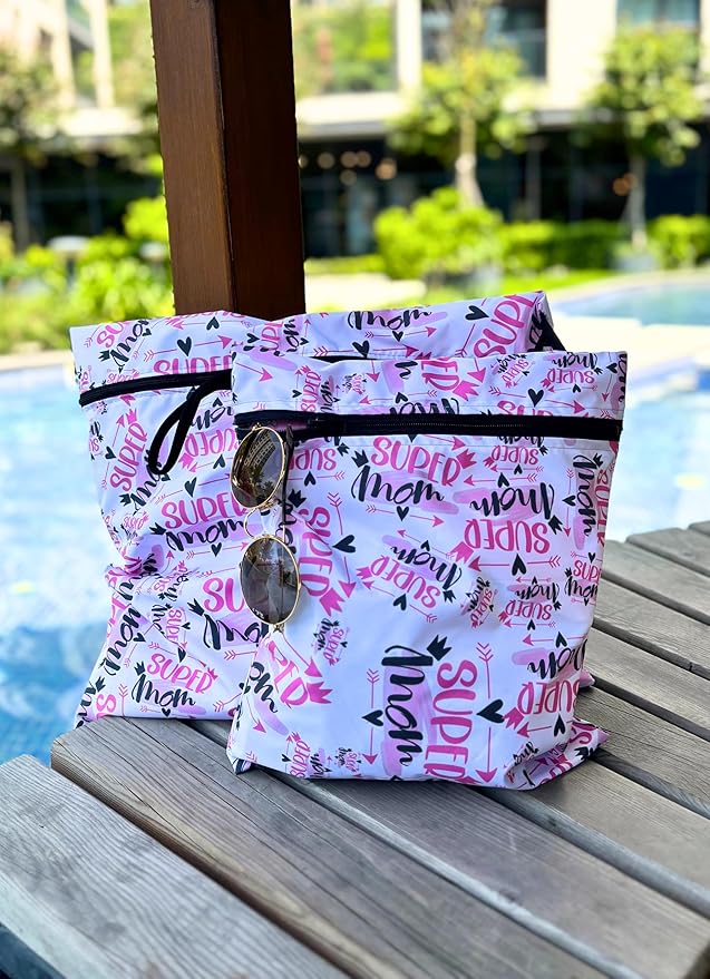 Waterproof Wet Bag 2-Pack, Reusable Leakproof Organizer for Swimwear, Cloth Diapers & Travel, 11.81 x 14.57 inch (Super Mom)