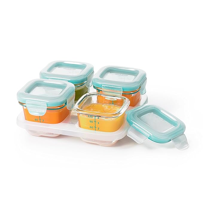 OXO Tot Glass Baby Blocks Food Storage Containers, Teal, 4 oz (Pack of 2)