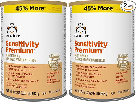 Amazon Brand - Mama Bear Sensitivity Premium Infant Formula Powder with Iron, Dual HMOs for Immune Support, Non-GMO, for Fussiness and Gas from Lactose Sensitivity, 33.2 Ounce (Pack of 2)