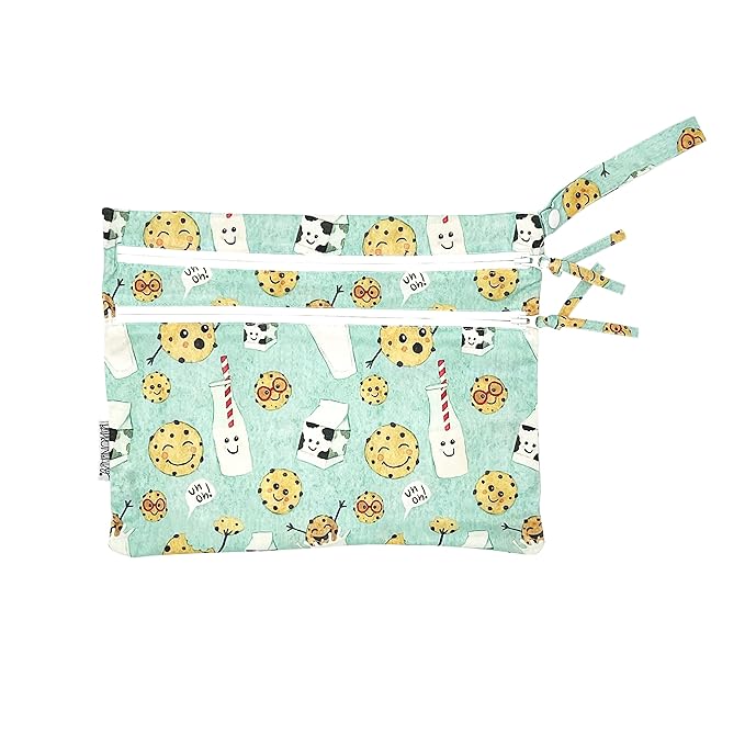 BapronBaby Cookies & Milk Wet Dry Bag - Waterproof Two Zipper Pockets - Reusable for Mealtime, Diapers, Stroller, Snacks, Swimsuits - Machine Washable - 11" x 9"