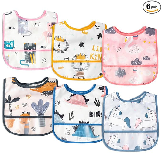 6Pcs Waterproof Toddler Bibs Baby Feeding Bib Set with Crumb Catcher Pocket, Adjustable Infant Baby Teething Bib, Babies Sleeveless Animals Food Bibs Keepsake Gift for Baby Shower, 6-24 Months