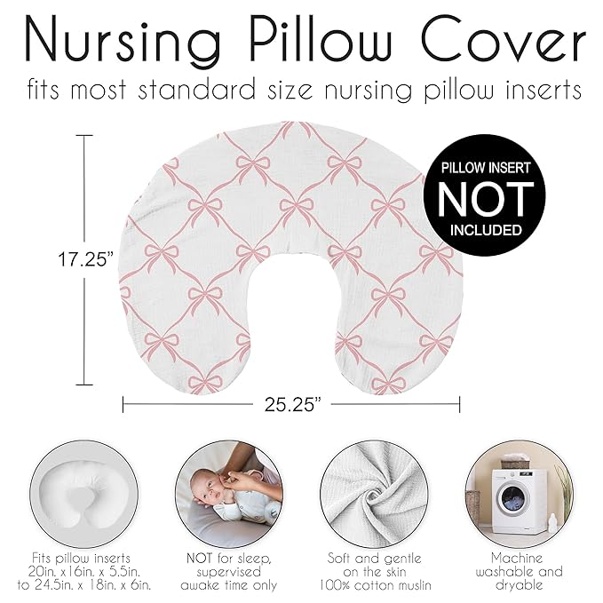 Sweet Jojo Designs Muslin Nursing Pillow Cover (Pink Bows) for Baby Girls, Newborn, Infant 100% Cotton Breastfeeding Pillowcase - PILLOW NOT INCLUDED (Elegant, Bow for the Ballerina Ballet Collection)
