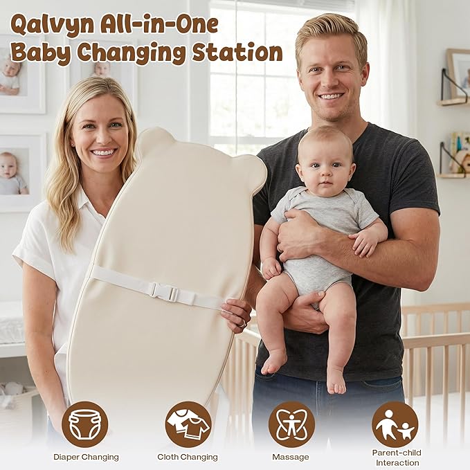 Baby Diaper Changing Pad with Wipeable & Waterproof PU Cover, Contoured Baby Changing Pad for Dresser, Non-Slip Changing Table Pad with Adjustable Strap, Cushioned Contoured Foam