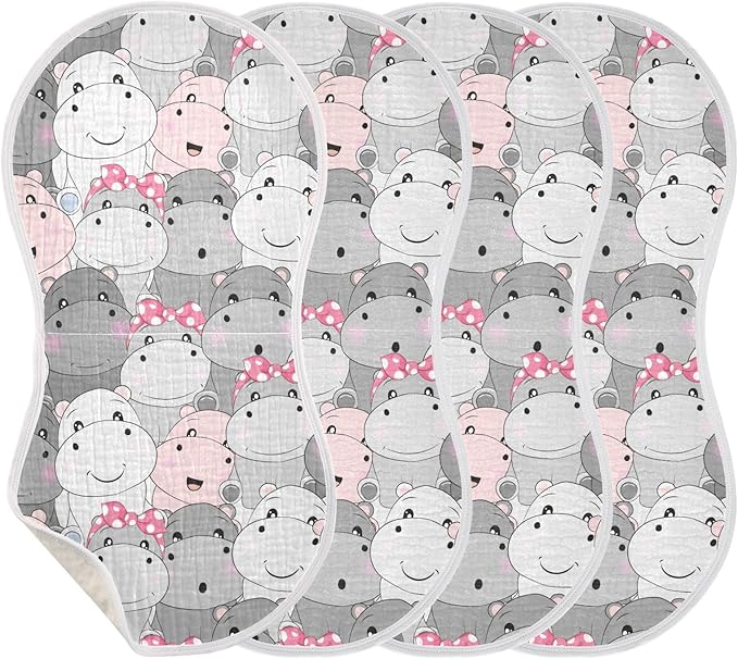 Muslin Burp Cloths for Baby Boys and Girls - 4-Pack Ultra Absorbent Cartoon Hippo Muslin Washcloths, Newborn Towel, Milk Spit Up Rags, Burp Cloth Bib for Unisex, 22 x 11 Inch