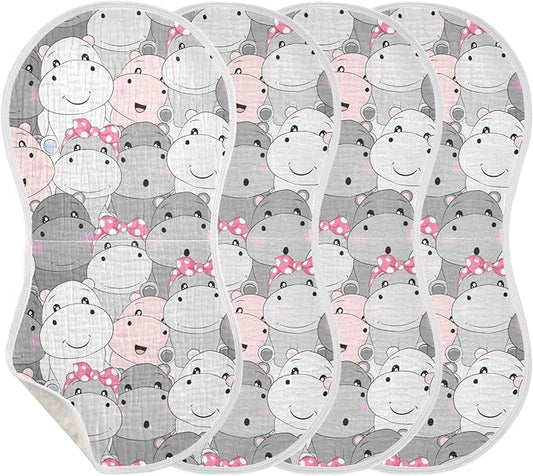 Muslin Burp Cloths for Baby Boys and Girls - 4-Pack Ultra Absorbent Cartoon Hippo Muslin Washcloths, Newborn Towel, Milk Spit Up Rags, Burp Cloth Bib for Unisex, 22 x 11 Inch