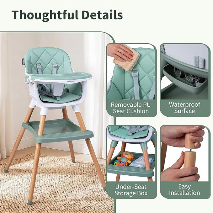 BABY JOY 8-in-1 High Chair, Convertible Wooden Highchairs for Babies and Toddlers | Dining Booster Seat | Toddler Stool, Double Removable Tray, 5-Point Safety Harness & Waterproof PU Cushion (Green)