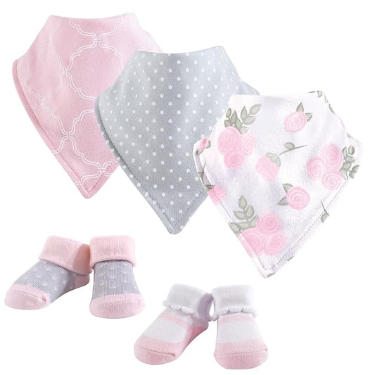 Hudson Baby Unisex Baby Cotton Bib and Sock Set, Pink Rose, One Size