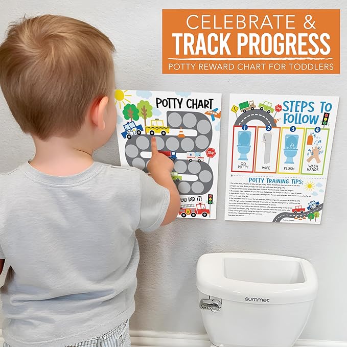 Hadley Designs Potty Training Chart for Toddlers Boys -10 Sticker Potty Chart for Toddlers Boys, 8.5x11" Potty Training Sticker Charts for Toilet Success, Cars Toddler Reward Chart for Kids
