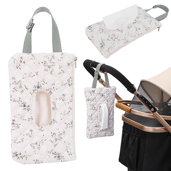 Quilted Baby Wipe Holder, Canvas Floral Quilted Pouch with Hanging Strap, Portable Diaper Wipe Holder for Travel Stroller-Green Leaves