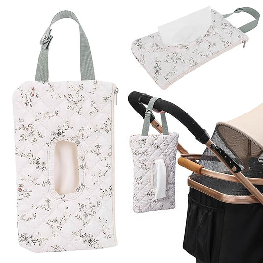 Quilted Baby Wipe Holder, Canvas Floral Quilted Pouch with Hanging Strap, Portable Diaper Wipe Holder for Travel Stroller-Green Leaves