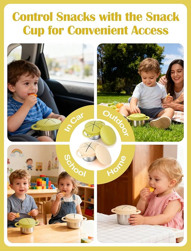2 Pack Stainless Steel Snack Cups for Toddlers Spill Proof, Toddler Snack Containers with Spill-Proof Silicone Lids & Handles, Dishwasher Safe Perfect for Mess-Free Snacking (Yellow+ Beige)