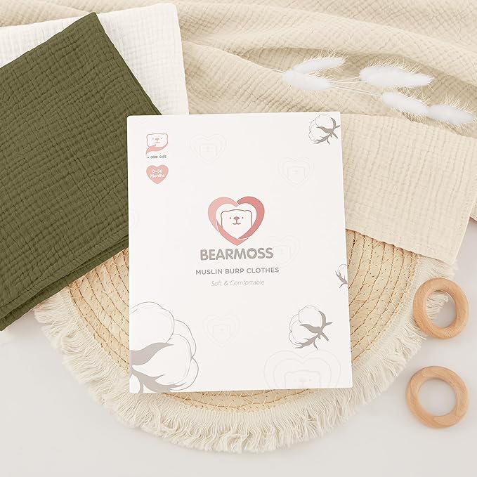 Bearmoss 6 Pack Muslin Burp Cloths for Baby, 100% Cotton Soft Large Burping Cloths for Unisex, Boy, Girl, 23.6" X 23.6" Newborn Essentials Absorbent Milk Spit Up Rags (Gray Green)