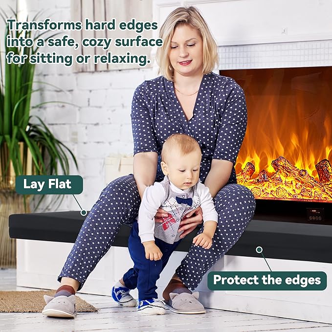 MABOZOO 2-Inch Thick Fireplace Hearth Cushion, 72"x14" Baby Proofing Seat Edge Pad for Child Safety, Soft Fireplace Baby Proofing Bench & Windowsill Protector, Black