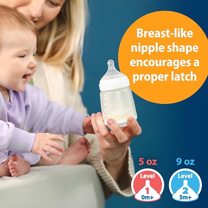 Dr. Brown's Silicone Baby Bottle with Collapsible Insert Designed to Reduce Colic, 9 oz with Wide-Neck Level 2 Medium Flow Nipple, 3m+, Blue, 4-Pack