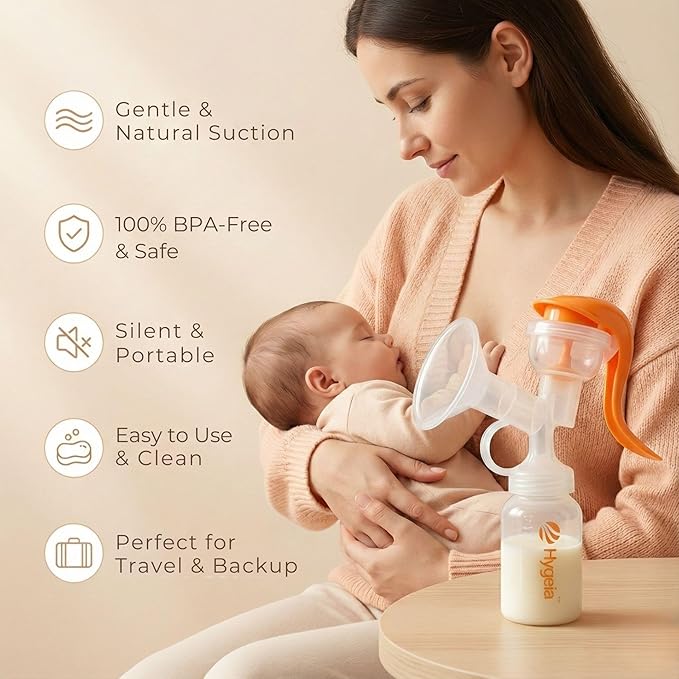 Hygeia Manual Breast Pump | One-Hand Use | Lightweight & Portable | BPA-Free | Comfortable, Quiet Suction | Includes 24mm & 28mm Flanges