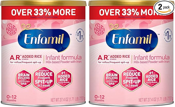 Enfamil A.R. Infant Formula, Proven to Reduce Reflux & Spit-Up in 1 Week, with Iron, DHA for Brain Development, Probiotics for Digestive & Immune Health, Powder Can, 27.4 Oz (Pack of 2)