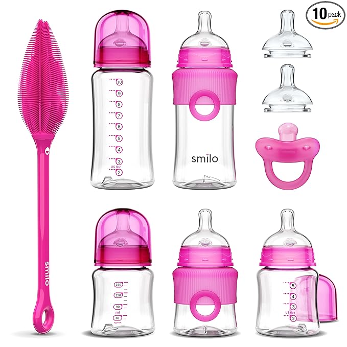 Smilo Baby Bottle Feeding Gift Set - Bottle Set with 100% Silicone Newborn Pacifier, Replacement Nipples and Baby Bottles Cleaning Brush - Perfect Essentials and Gift for Girls & Boys - Pink