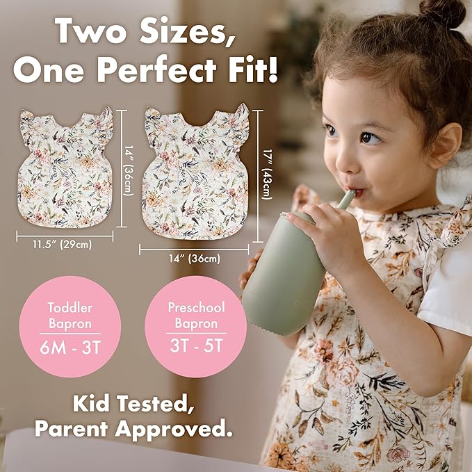 BapronBaby Flutter Delilah Floral Bapron - No Neck Tie Safer Bib for Baby & Toddler - Soft Waterproof Stain Resistant - Machine Washable - Sz Baby/Toddler 6m-3T