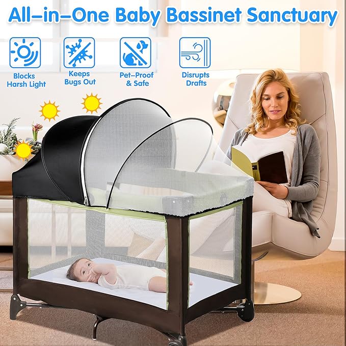 Pack N Play Tent Cover - Half-Blackout Mosquito Net for Crib & Playpen, Baby Bassinet Cover for Cats with 2-Way Zipper, Sun-Blocking Bug Net for Travel Crib (Black-Large)