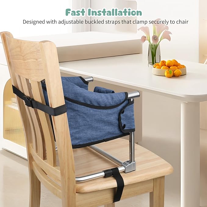 Booster Seat for Dining Table, 3-in-1 Portable Toddler Booster Chair with Safety Buckle, Height Adjustable & Foldable Baby Feeding Seat, Travel High Chair with Storage Pocket - Navy Blue