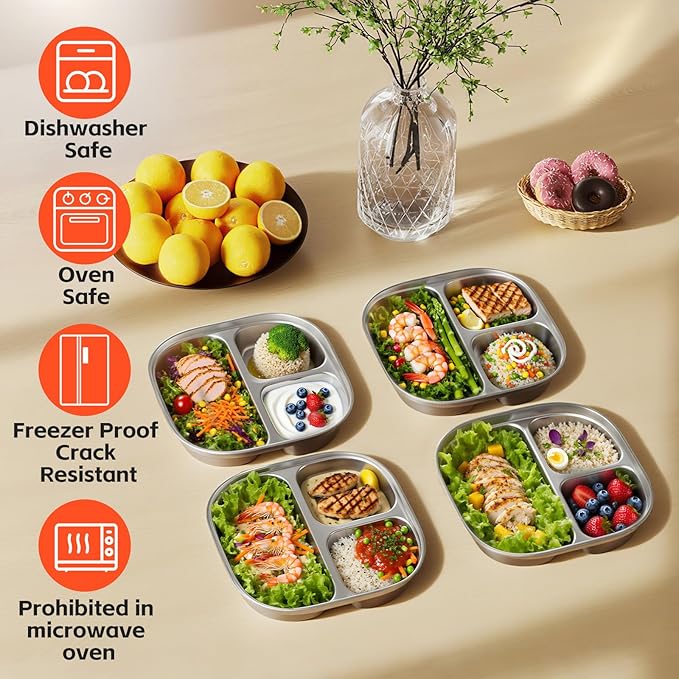 Set of 4 Snack Containers,Stainless Steel Kids Plates,Stainless Steel Toddler Plate with Silicone Lids- Reusable Meal Prep Lunch Containers for Kids Non Toxic & 100% BPA Free (Purple)