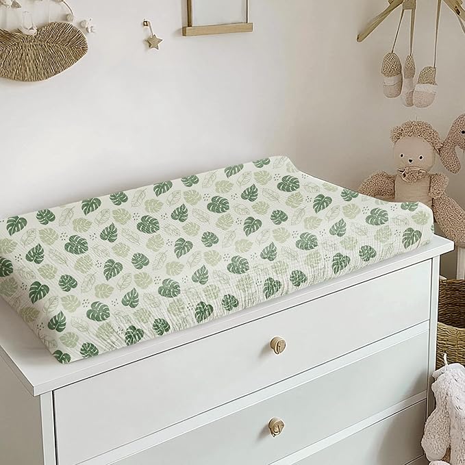 Konssy 2 Pack Muslin Changing Pad Covers for Boys, Ultra Soft & Breathable Cotton Baby Diaper Changing Table Covers, Neutral Nursery Diaper Changing Pad Sheets (Sage Green,Leaf)